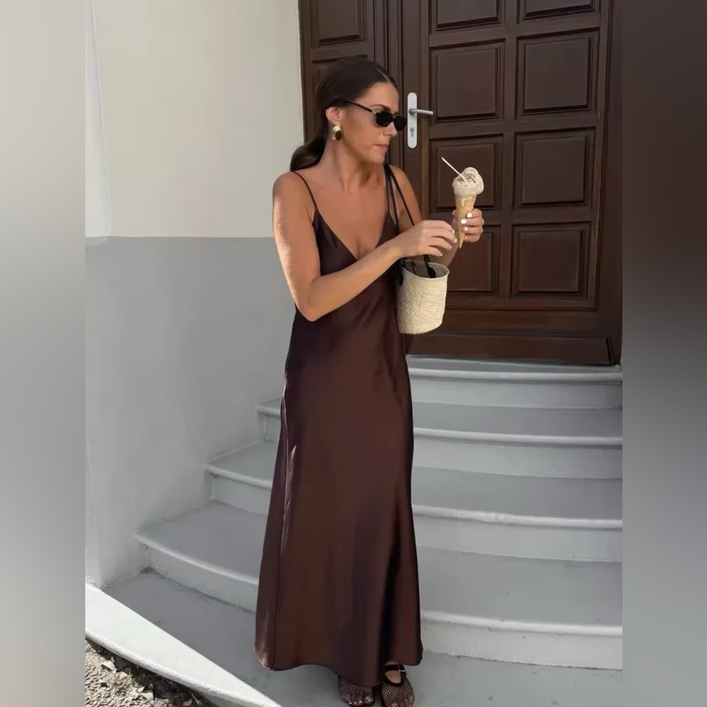Zara Elegant Brown Satin Slip Dress Evening Party Wedding Casual